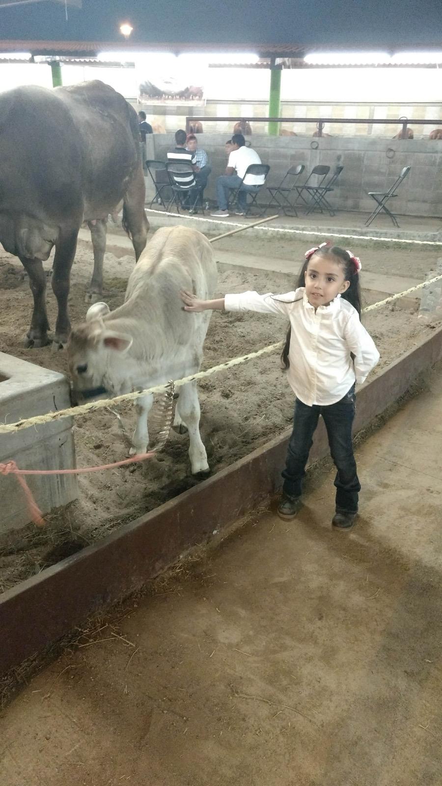 Elsa de niña con un becerro